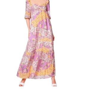 New Betsey Johnson Floral Maxi Dress Smocked Lavender Patchwork, Size Medium NWT
